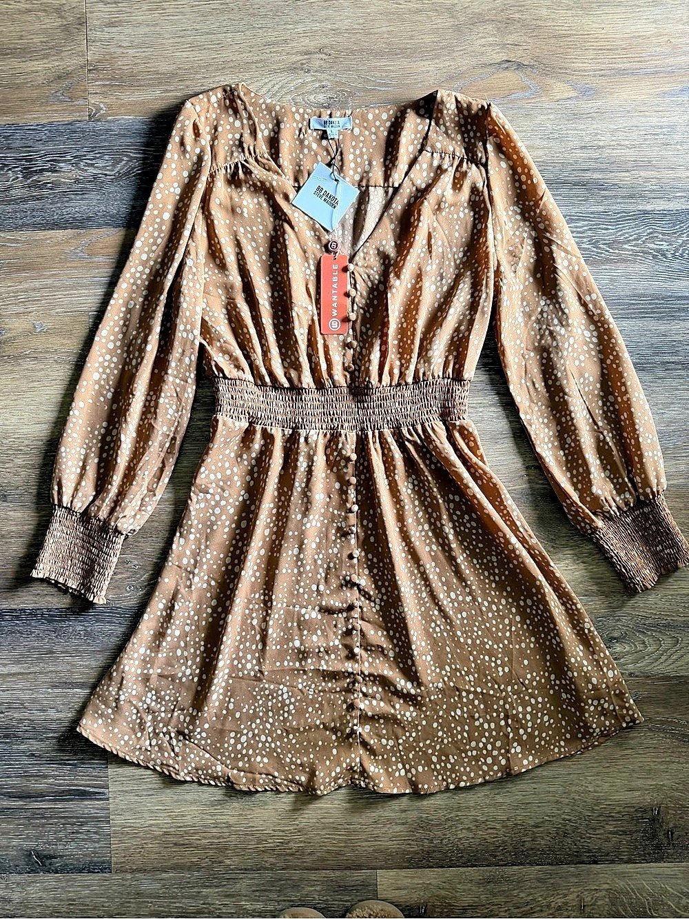 BB Dakota Polka Dot Mini Dress in Brown & White Size Large NWT